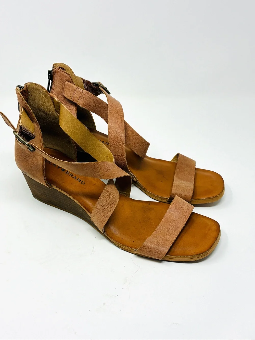 Lucky Brand Wedge Strappy Sandals in Tan Genuine Leather